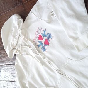 JUSTIN BIEBER I White Zip Front Hoodie with Bird & Heart Tattoo Logo Graphic